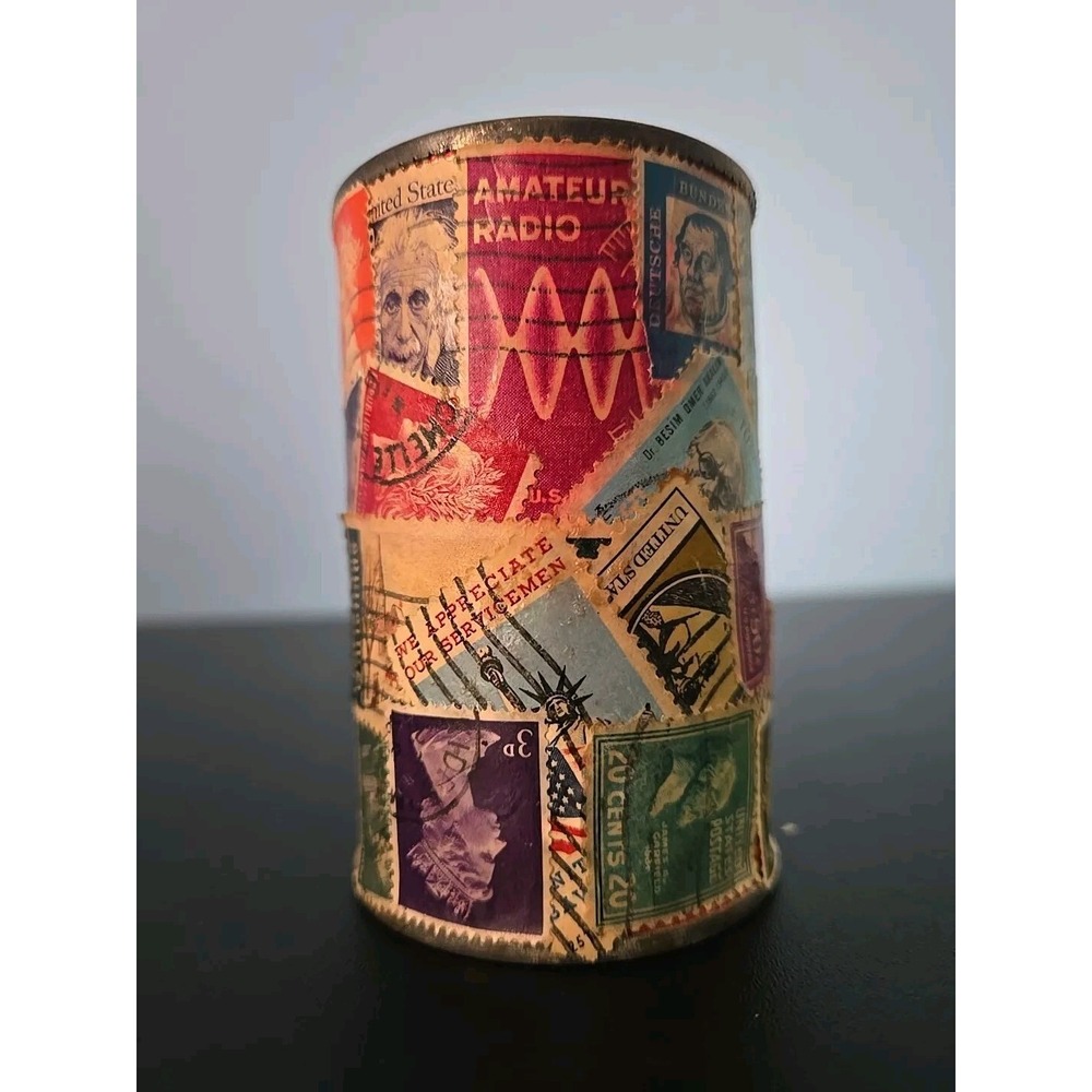 Vintage Tin Can With Travel Postal Stamps Collection 1950' Graphics